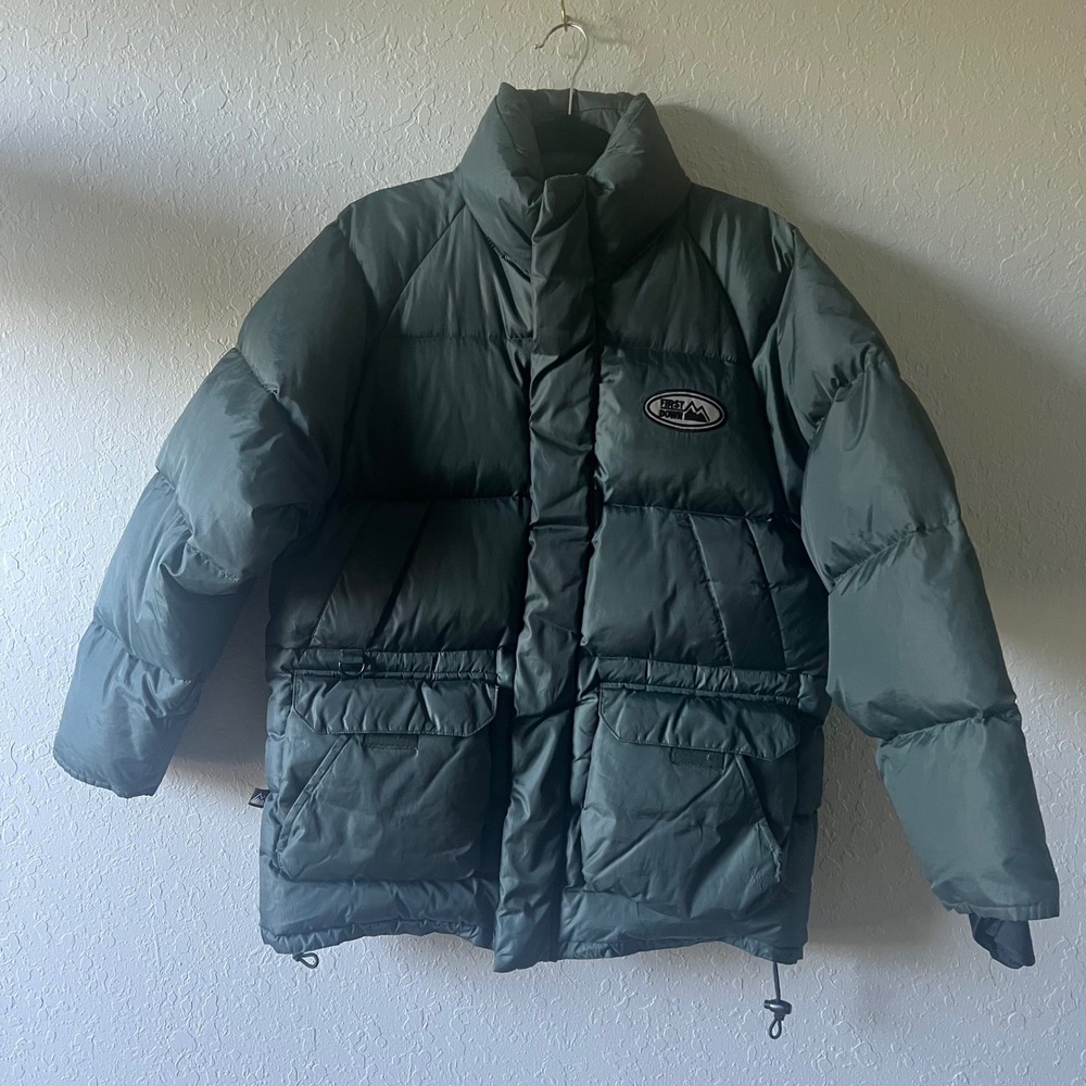 Vintage First Down Puffer Jacket  Winter Parka Gorpcore Down Fill L Green Flaw